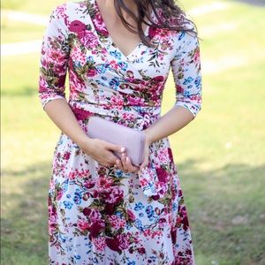 Pink Blush Ivory Floral Draped 3/4 Sleeve Dress